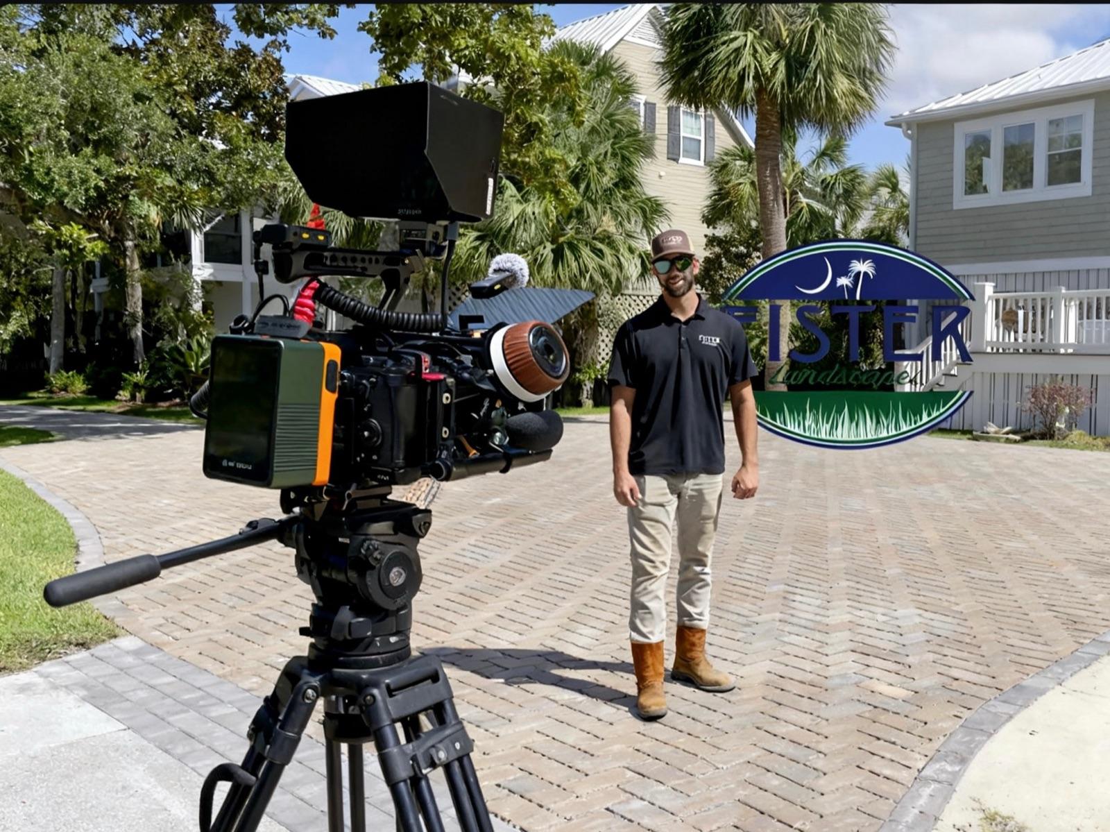 Behind-the-scenes still of an ad shoot on location for Fister Landscapes